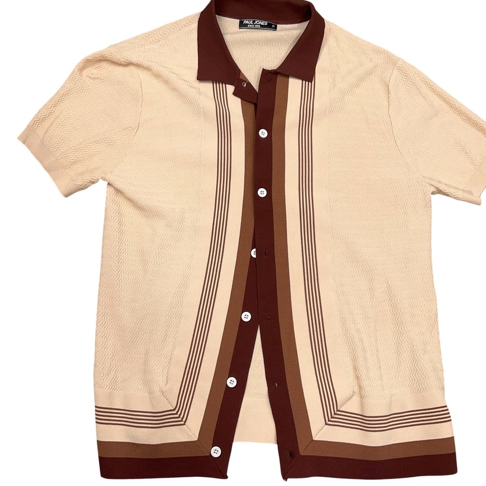 Paul Jones Shirt Mens Medium Cream Brown Stripe Knit Bowling Polo‎ Stripe Button